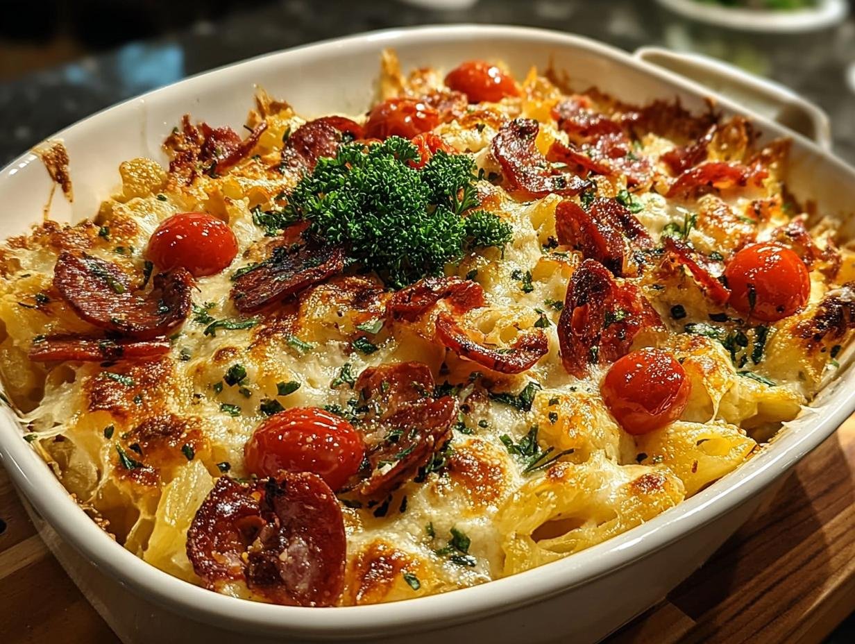 Charcuterie Board Pasta Bake - close-up of ingredients being combined