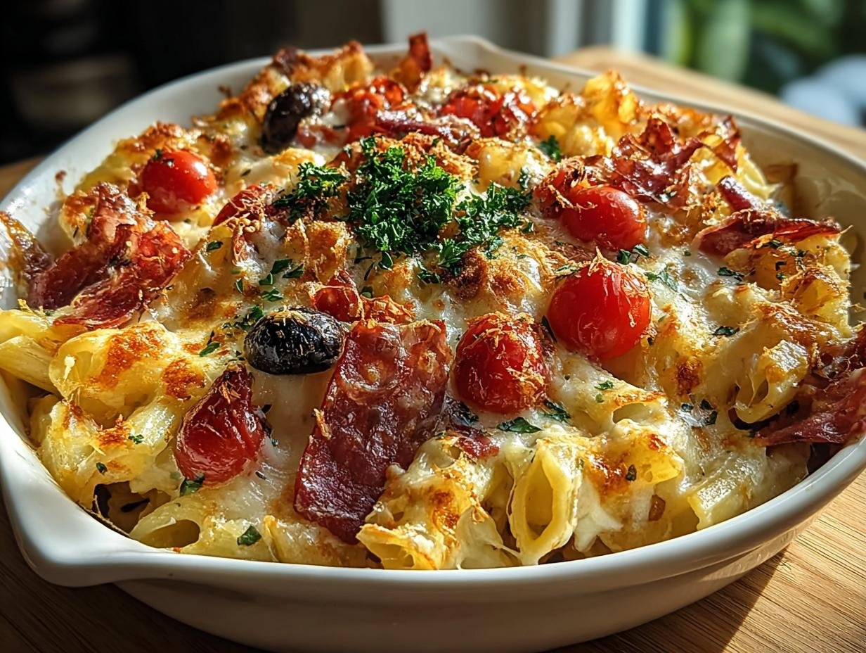 Charcuterie Board Pasta Bake - baked and golden brown in a dish