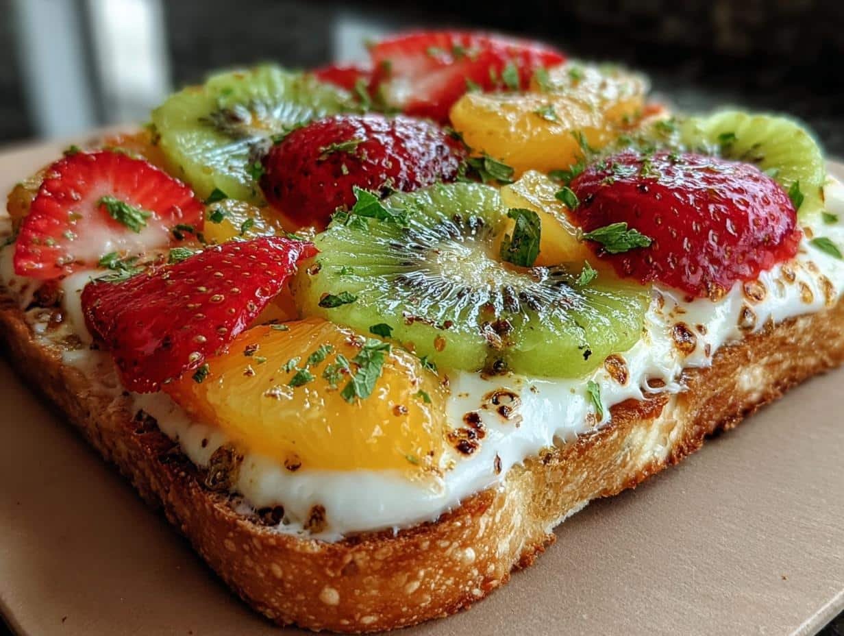 Grilled Fruit Pizza Sandwich - close-up of fruit and cheese topping