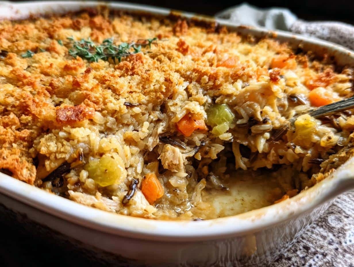Hearty Chicken Wild Rice Casserole with creamy sauce and vegetables
