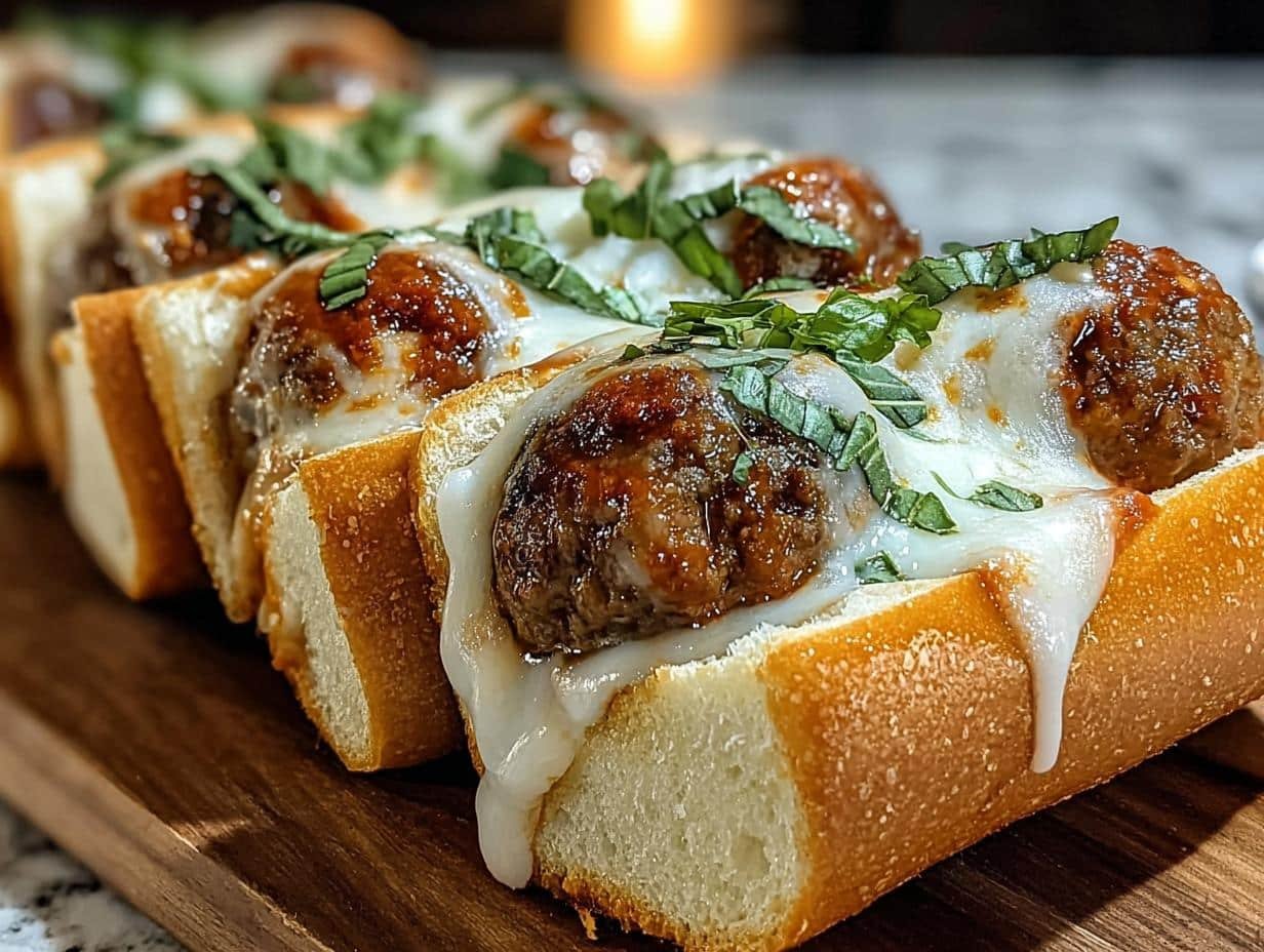 Cheesy Stuffed Meatball Subs - close up of juicy meatballs with melted cheese inside