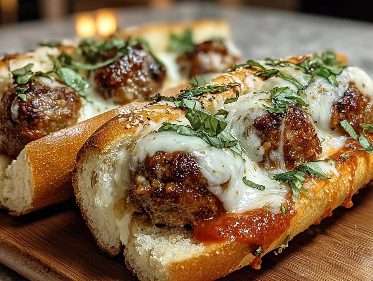Cheesy Stuffed Meatball Subs - assembled subs ready to be baked with melted cheese