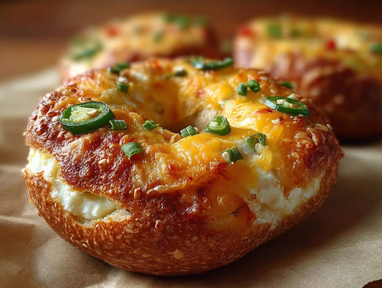 Jalapeno Cheddar Yogurt Bagels: 1 Easy Recipe - Close-up of freshly baked Jalapeno Cheddar Yogurt Bagels