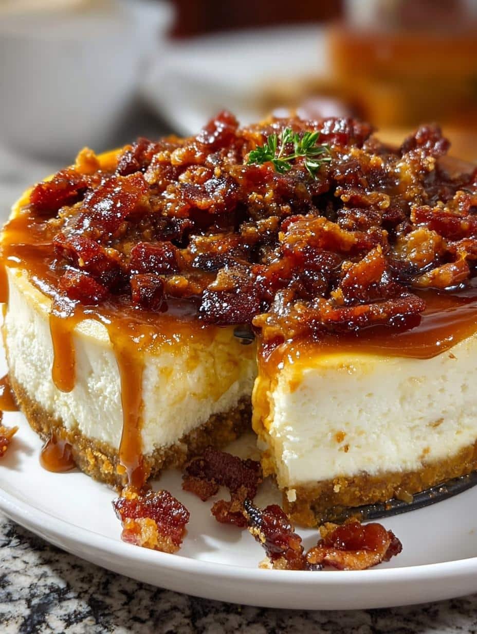 Irresistible Bacon Caramel Cheesecake Bliss with a golden caramel drizzle and crispy bacon bits on top