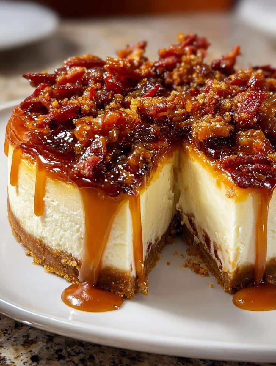 Close-up of a slice of Bacon Caramel Cheesecake Bliss showing the creamy texture and layers