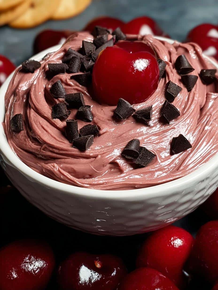 Delicious Cherry Chocolate Dip in a white bowl with fresh cherries and chocolate chips, ready for serving