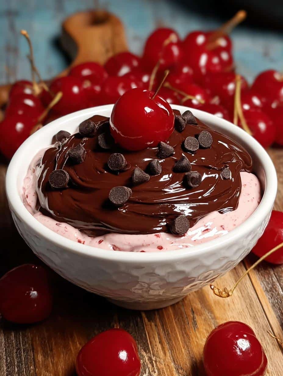Close-up of creamy Cherry Chocolate Dip in a bowl, garnished with fresh cherries and chocolate shavings