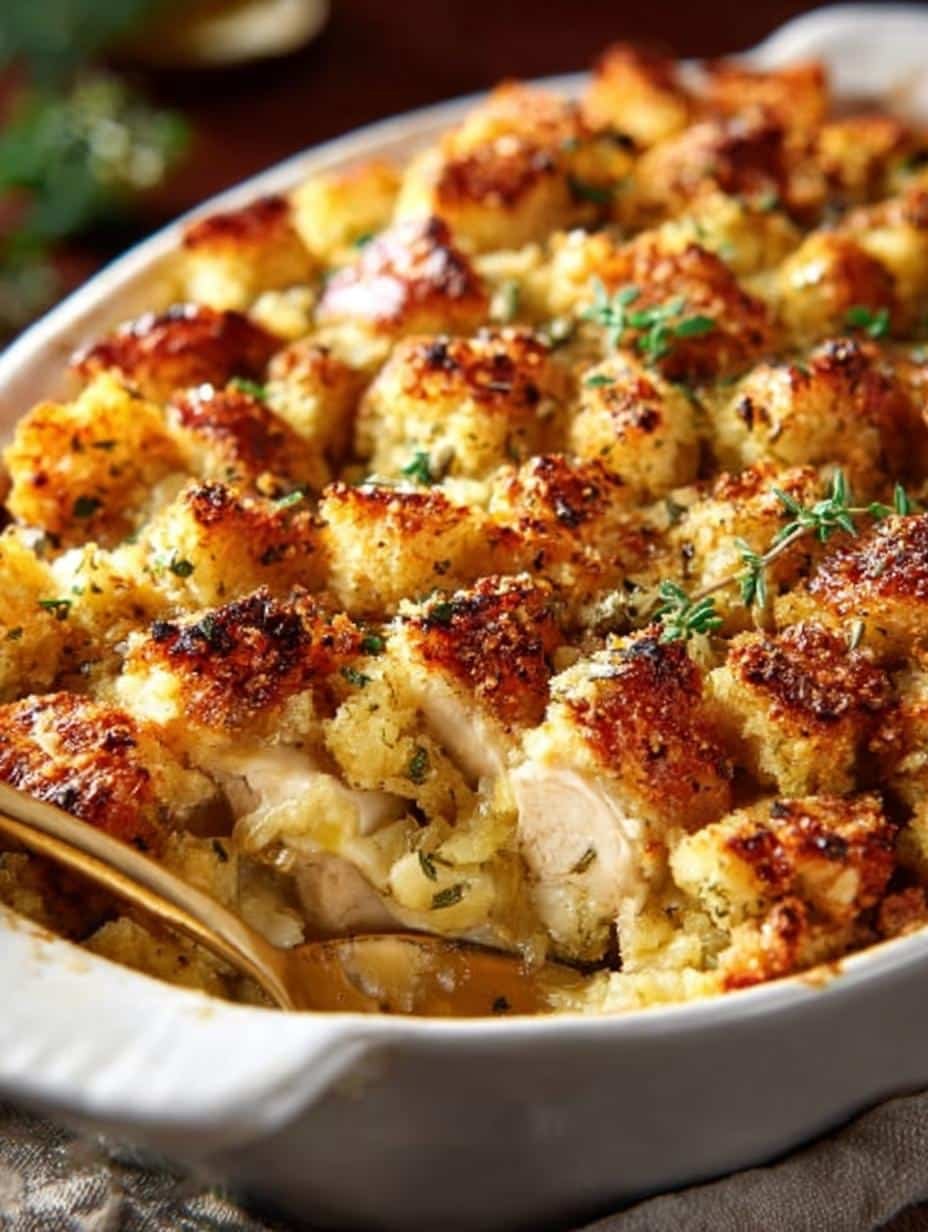 Irresistible Chicken Stuffing Bake fresh from the oven on a serving dish