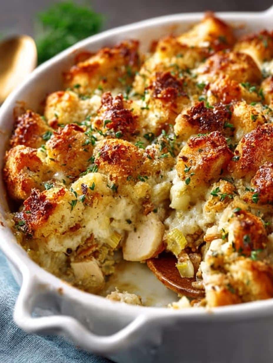 Delicious Chicken Stuffing Bake served with fresh parsley garnish