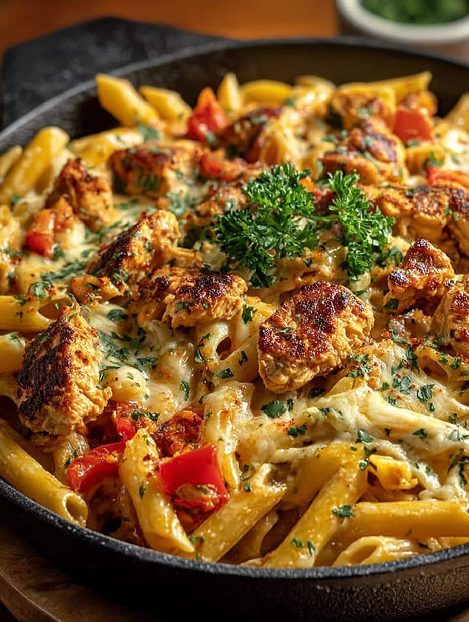 Delicious Creamy Cajun Chicken Pasta in a skillet, ready to be served, showcasing its rich sauce and tender chicken