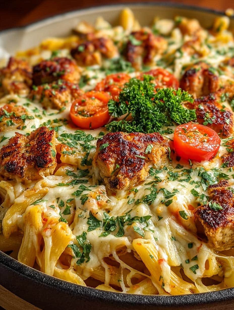 Close-up of Creamy Cajun Chicken Pasta in a bowl, garnished with fresh parsley, highlighting its creamy texture and vibrant colors