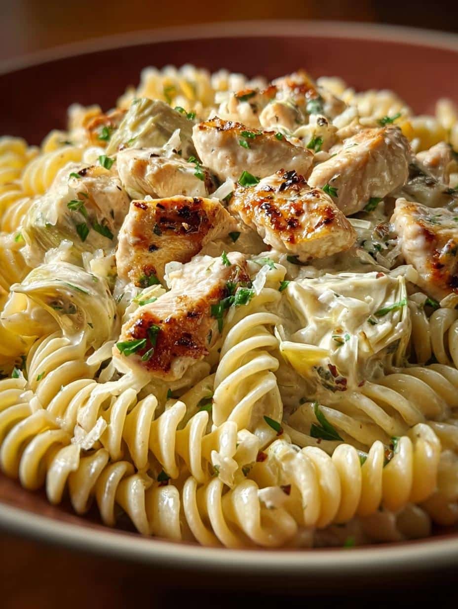 Irresistible Creamy Chicken Artichoke Pasta served in a bowl with fresh parsley garnish