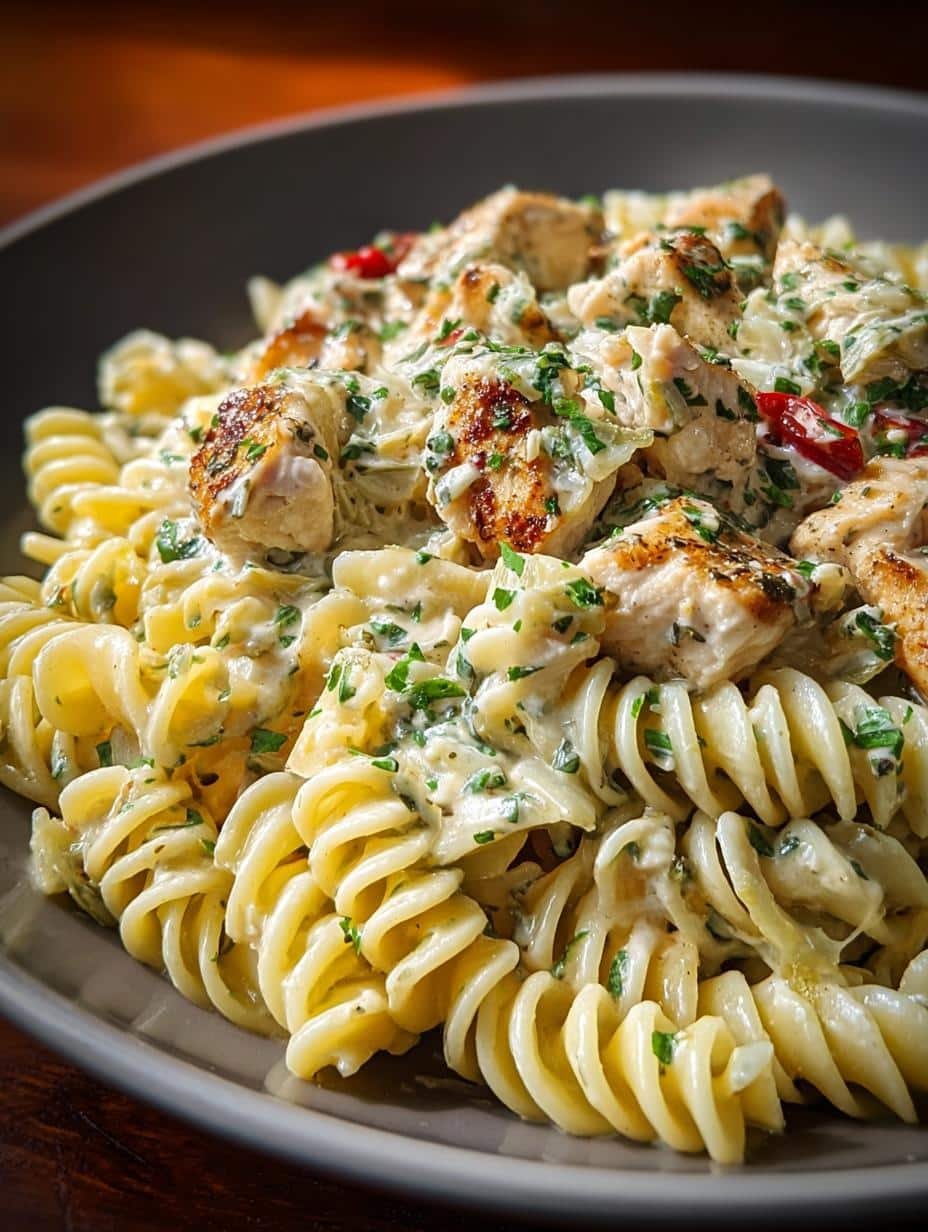 Close-up of Creamy Chicken Artichoke Pasta with fusilli, chicken, and artichoke hearts