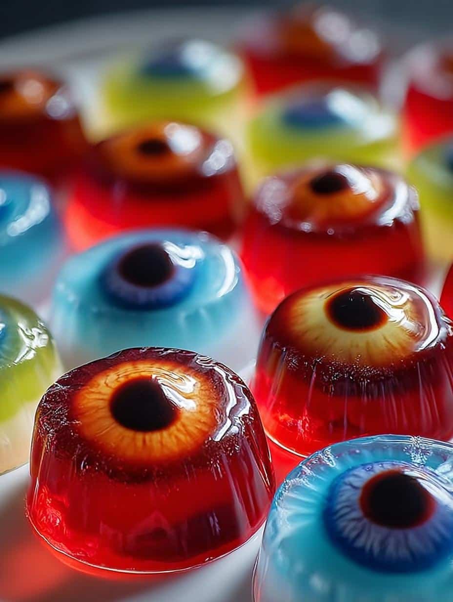 Vibrant Halloween Eyeball Jello Shots with gummy eyes and whipped cream, ready for a spooky party