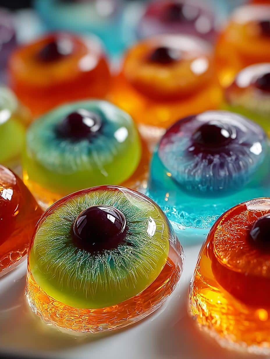 Close-up of Halloween Eyeball Jello Shots with vibrant colors and detailed gummy eyes