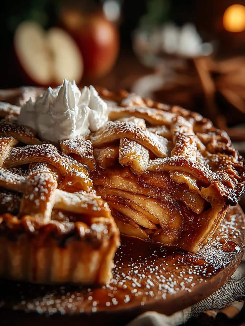 A close-up of a slice of Heirloom Apple Pie with a scoop of vanilla ice cream, highlighting the tender apple filling and flaky crust