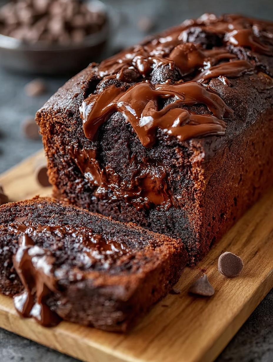 Deliciously rich Hot Fudge Brownie Bread with a gooey fudge swirl, sliced on a cutting board, ready to be served.