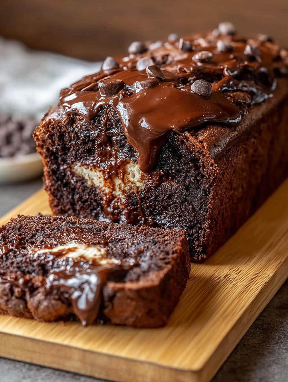 A close-up of a slice of Hot Fudge Brownie Bread, showing the rich chocolate texture and gooey fudge swirl, served with a scoop of vanilla ice cream.