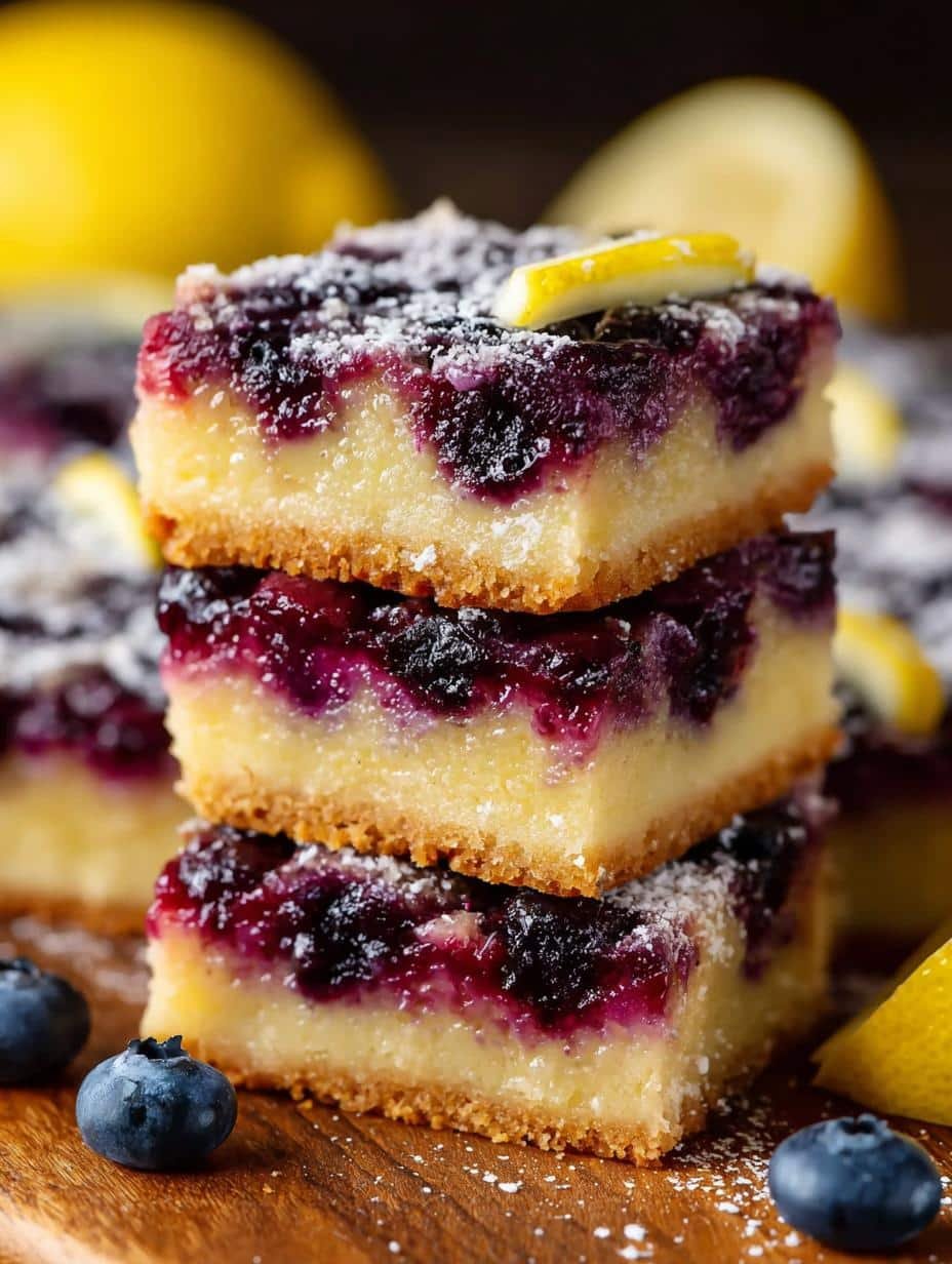 Lemon Blueberry Bars Delightful: The 1 Secret - Stack of Lemon Blueberry Bars Delightful on a white plate, garnished with fresh blueberries and lemon zest