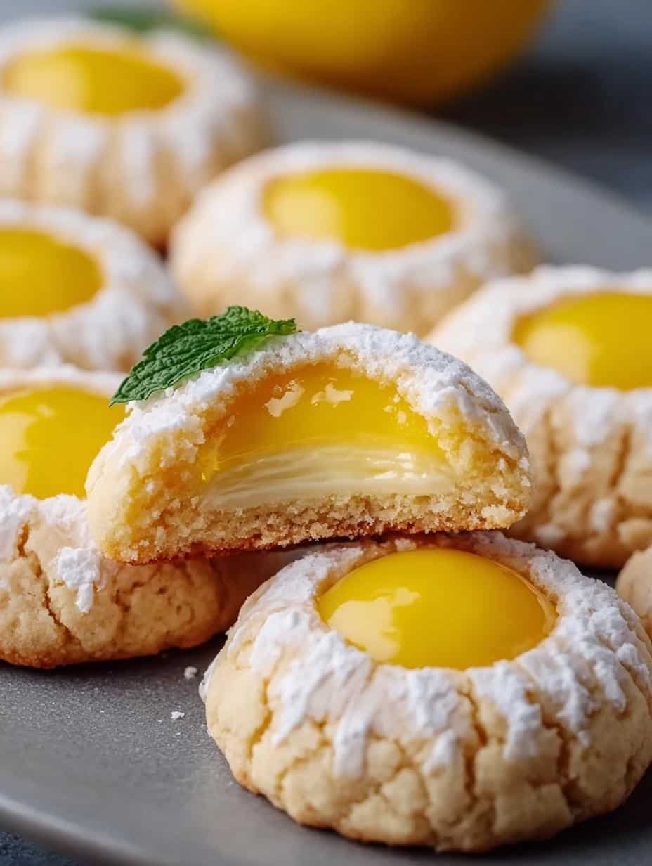 Close-up of freshly baked Lemon Curd Thumbprint Cookies dusted with powdered sugar