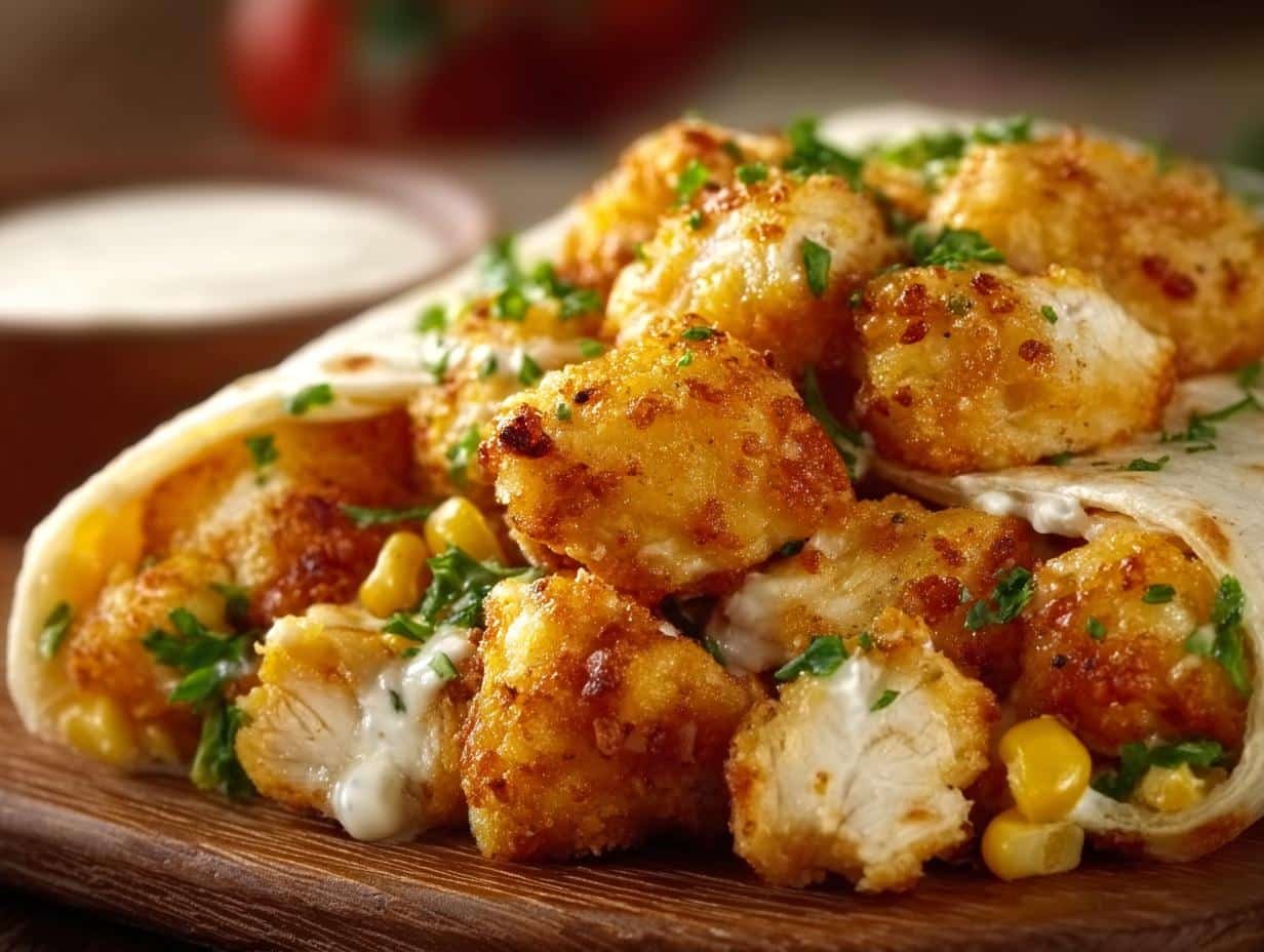 Close-up of a cheesy garlic chicken wrap, showing the ooey gooey cheese pull