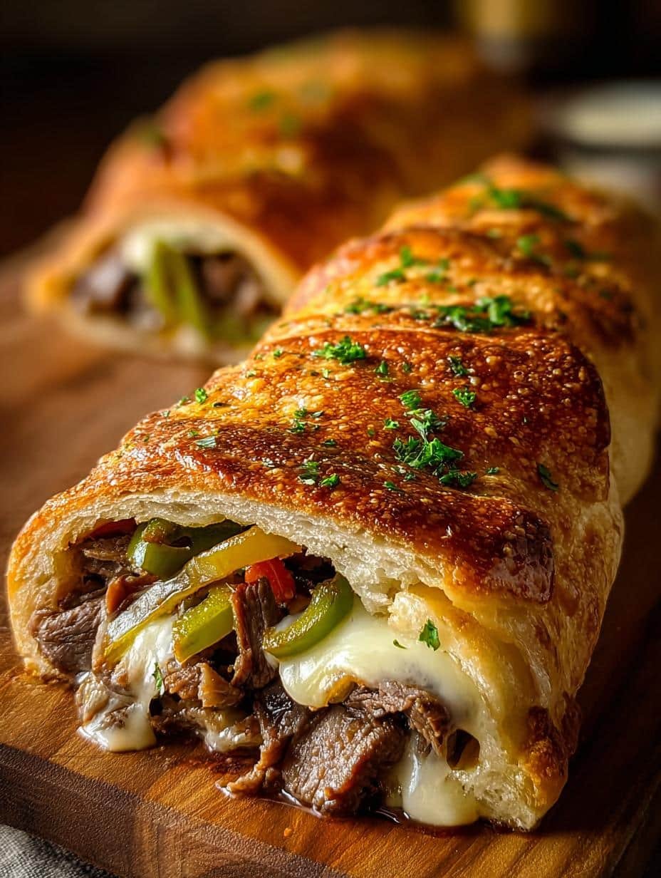 Perfectly baked Philly Cheesesteak Stromboli, golden brown and sliced, revealing a delicious filling of steak, cheese, and vegetables