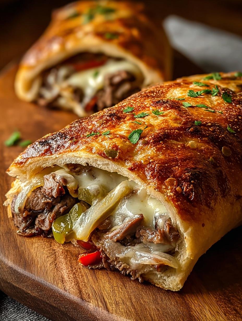 Delicious Philly Cheesesteak Stromboli sliced and ready to serve, showcasing melted provolone and savory roast beef