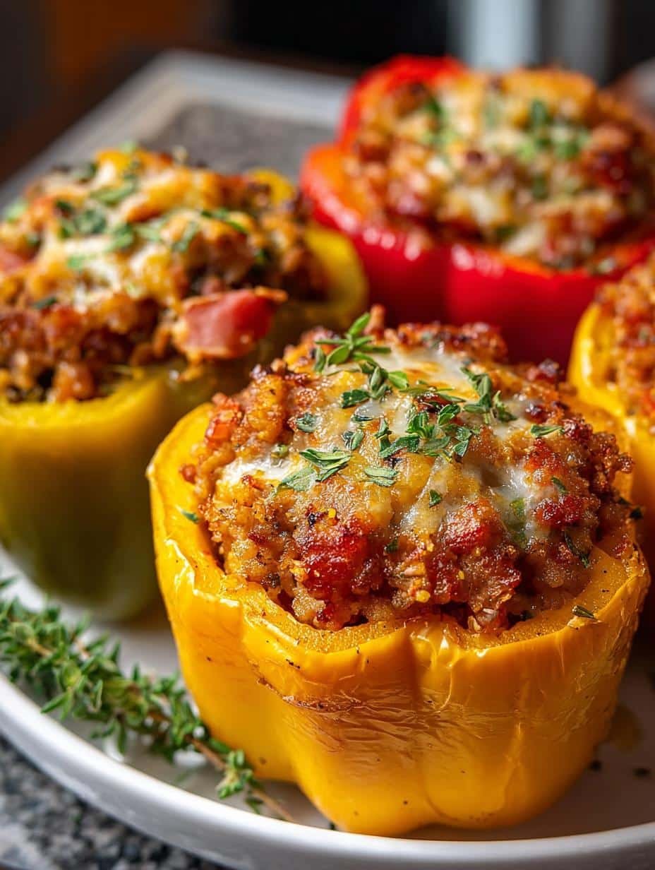 Pumpkin Sausage Stuffed Peppers: 1 Amazing Recipe - Close-up of baked Pumpkin Sausage Stuffed Peppers with melted cheese