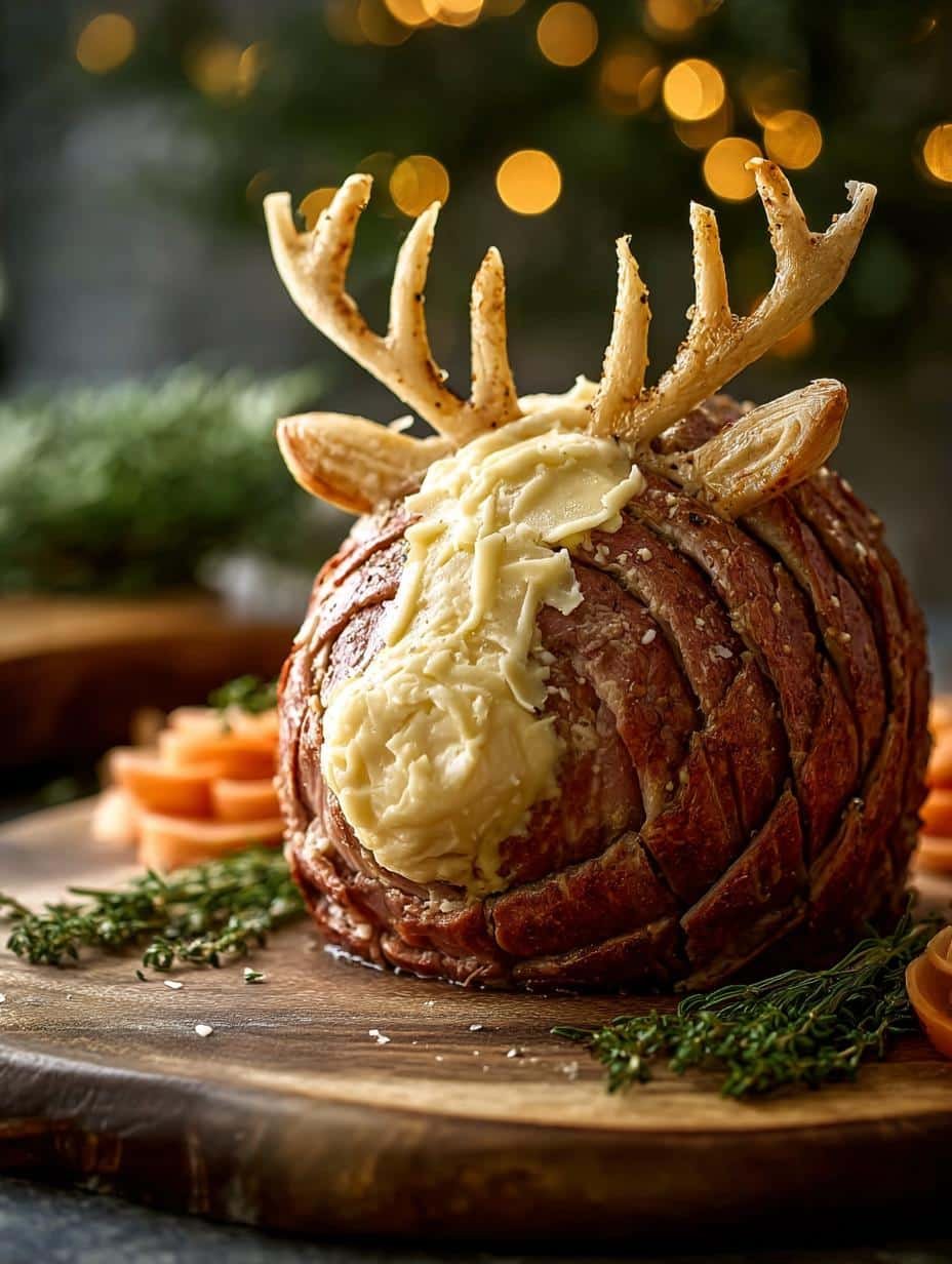 Reindeer Cheeseball Holiday: 1 Delightful Recipe! - main visual representation of a festive cheeseball shaped like a reindeer with pretzel antlers and a red bell pepper nose