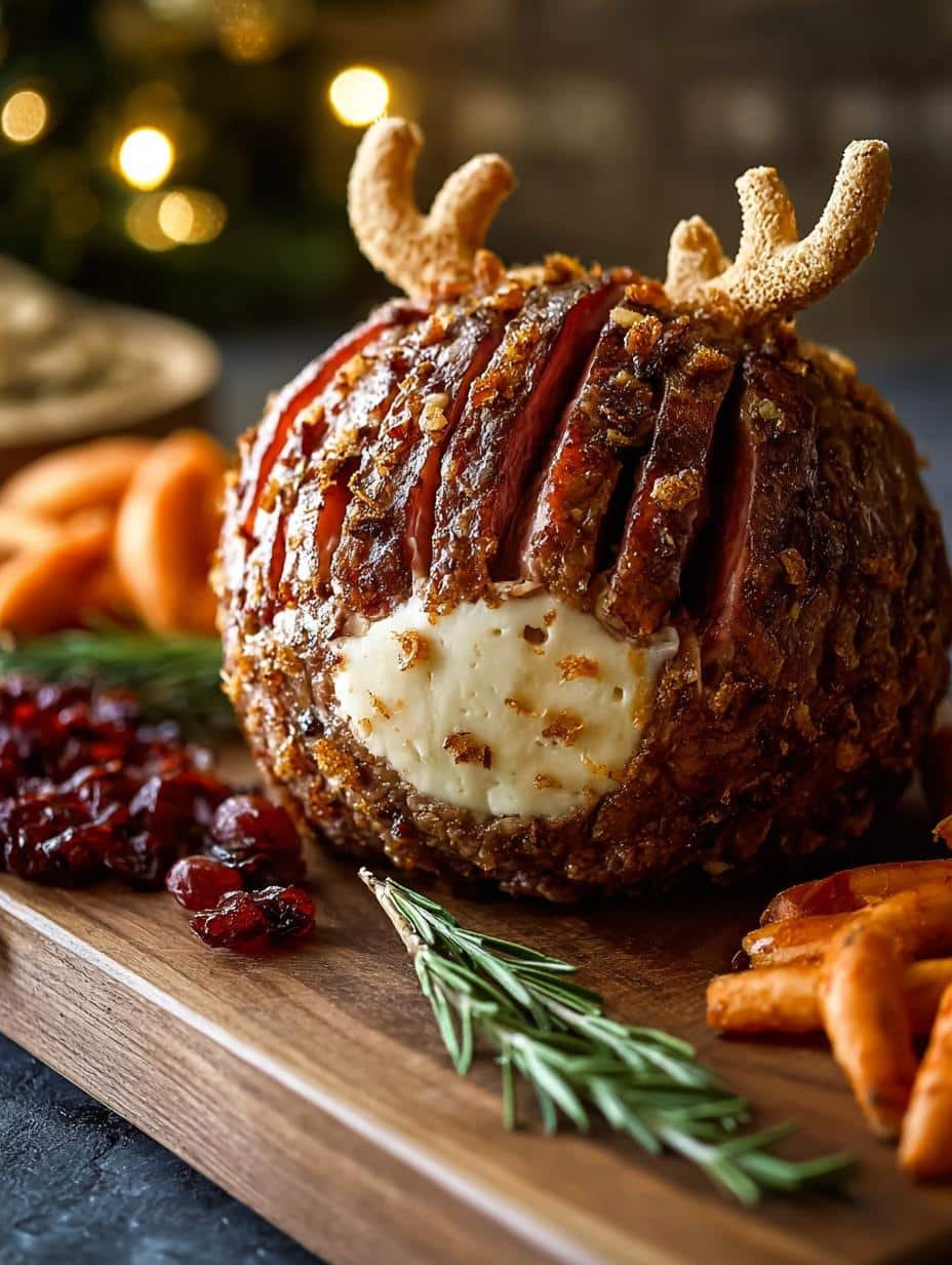 Reindeer Cheeseball Holiday: 1 Delightful Recipe! - close-up of the reindeer cheeseball on a serving platter with crackers and vegetables