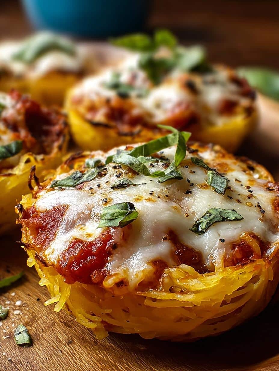 Deliciously golden-brown Spaghetti Squash Lasagna Cups baked in a muffin tin, garnished with fresh basil