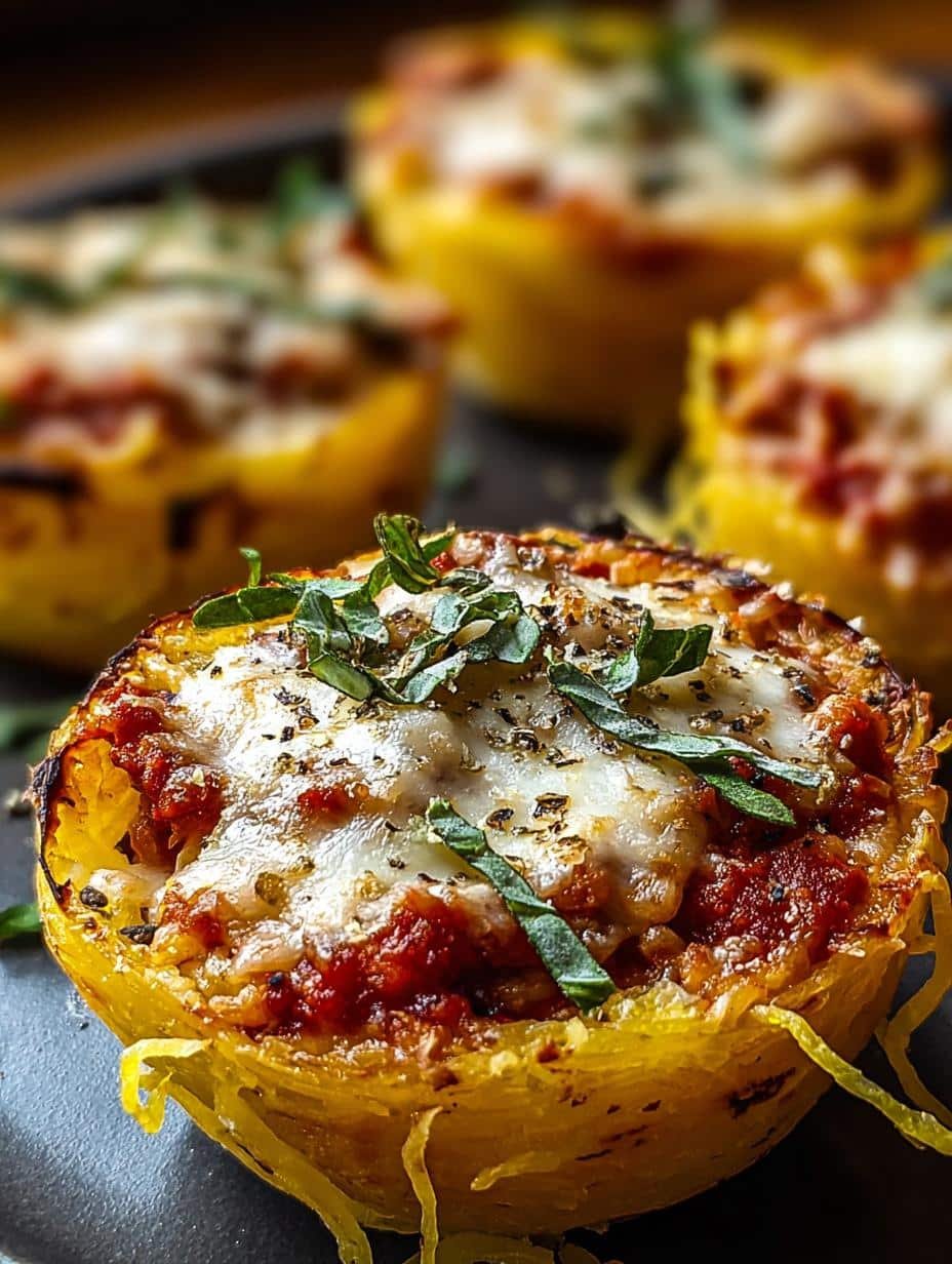 Close-up of a single Spaghetti Squash Lasagna Cup, showing the layers of squash, ricotta, marinara, and melted mozzarella