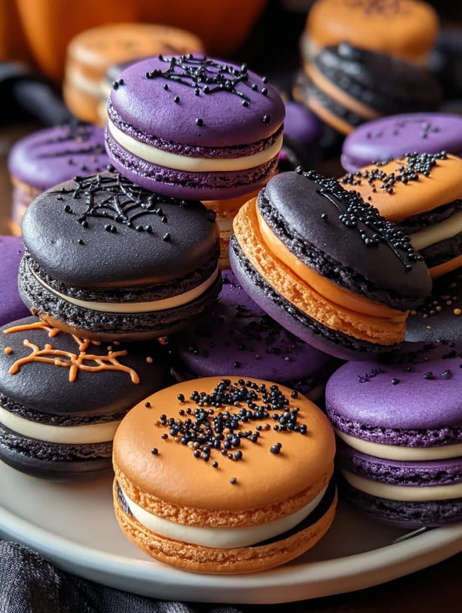 Vibrant orange and black Spooktacular Halloween Macarons with spooky decorations on a festive platter