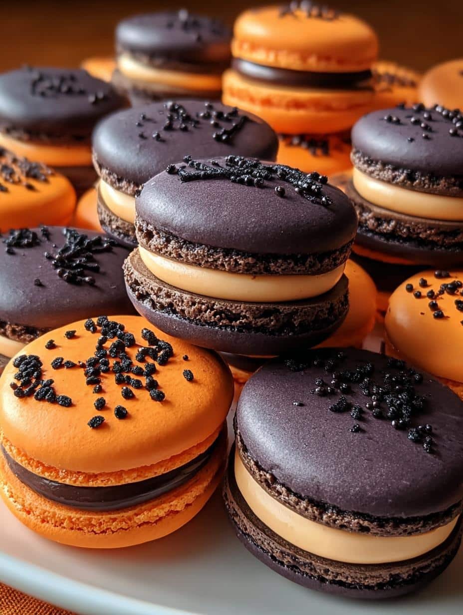 Close-up of perfectly baked Spooktacular Halloween Macarons with intricate spooky designs