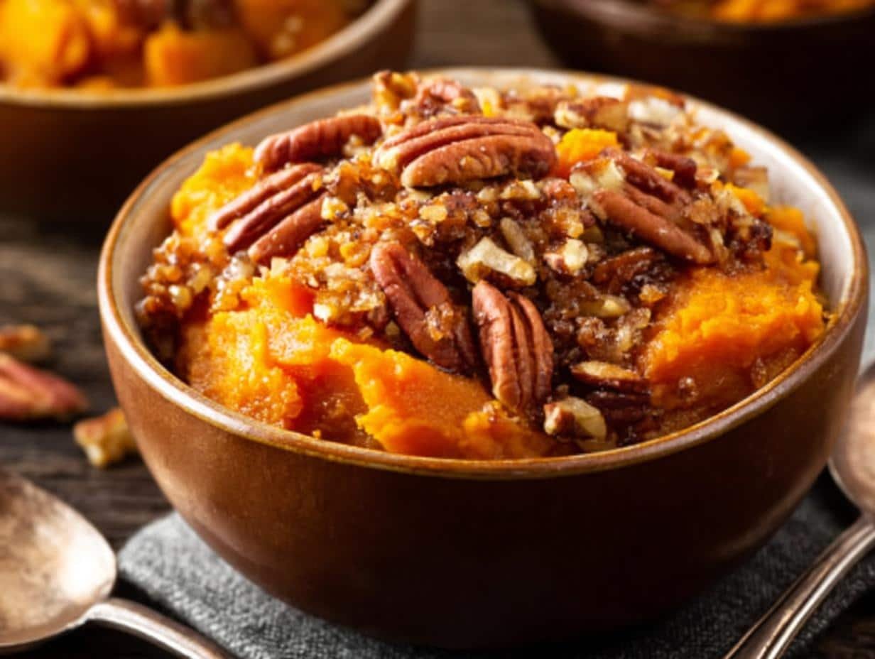 Sweet Potatoes Maple Pecans - final dish with pecans and maple glaze