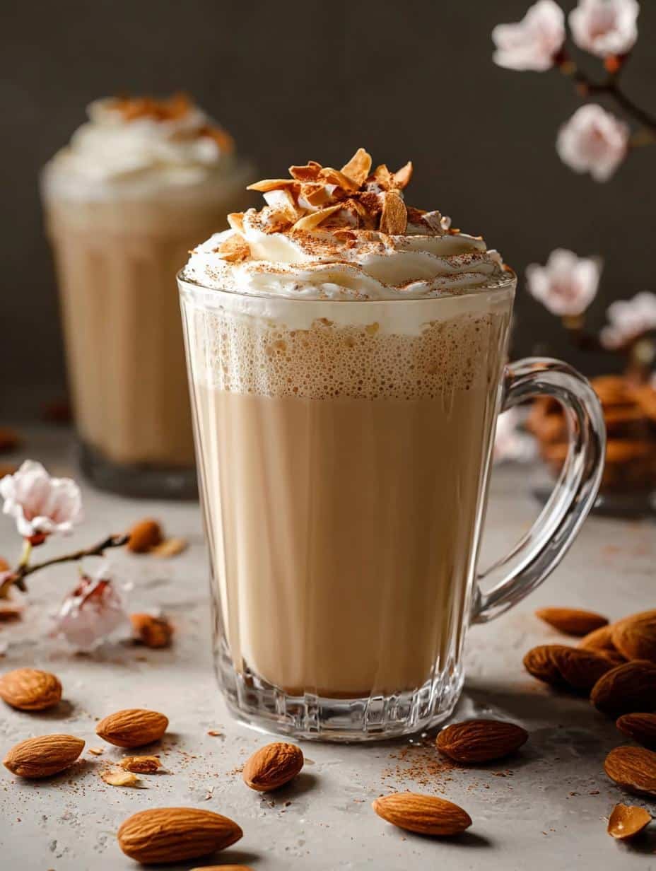 Toasted Almond Latte Mocktail - a beautiful presentation with whipped cream and almonds