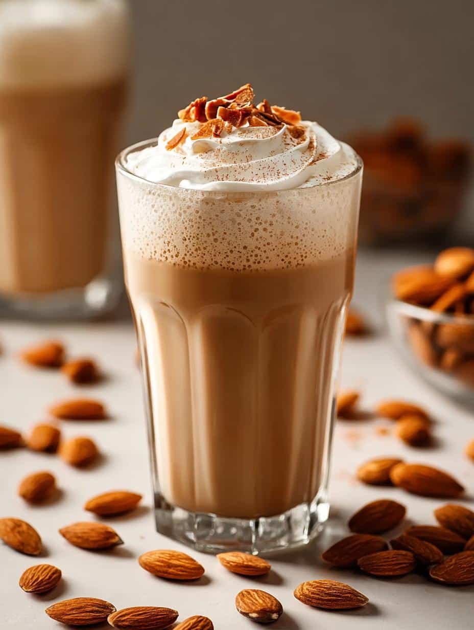 Toasted Almond Latte Mocktail - close-up of frothy milk being poured over coffee mixture