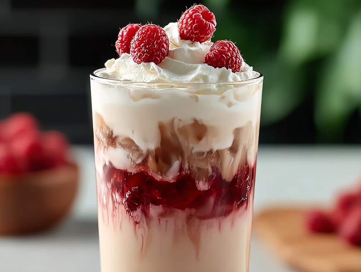 Close-up of a Vanilla Raspberry Iced Latte with fresh raspberries as garnish
