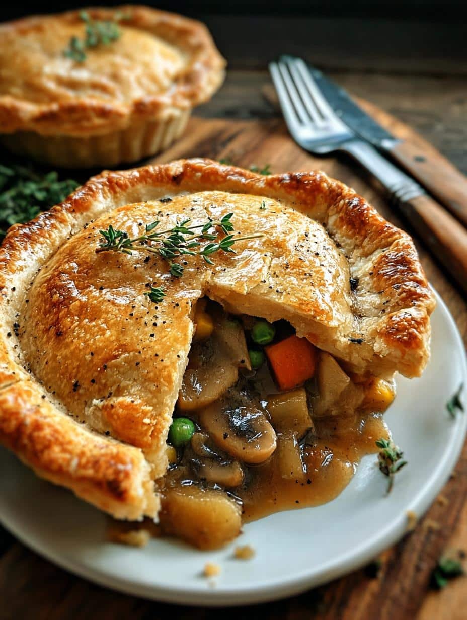 Close-up of a delicious Vegan Thanksgiving savory pie with a golden crust and rich vegetable filling, perfect for a cruelty-free holiday meal.