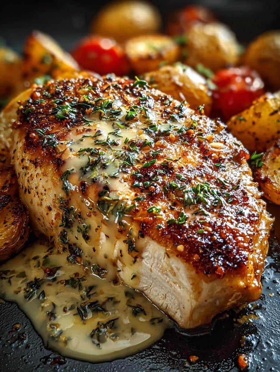 Creamy Garlic Chicken Roasted with Roasted Baby Potatoes - Creamy Garlic Chicken Roasted - main visual representation