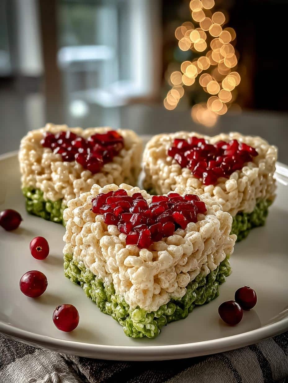 Irresistible Grinch Heart Rice Krispies fresh from the kitchen on a festive platter