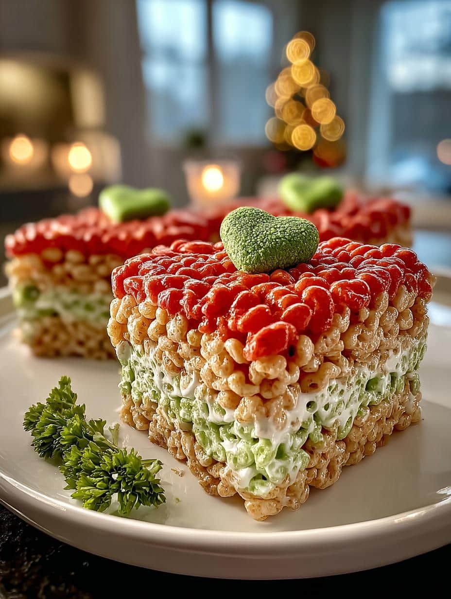 Colorful Grinch Heart Rice Krispies decorated with red candies and sprinkles