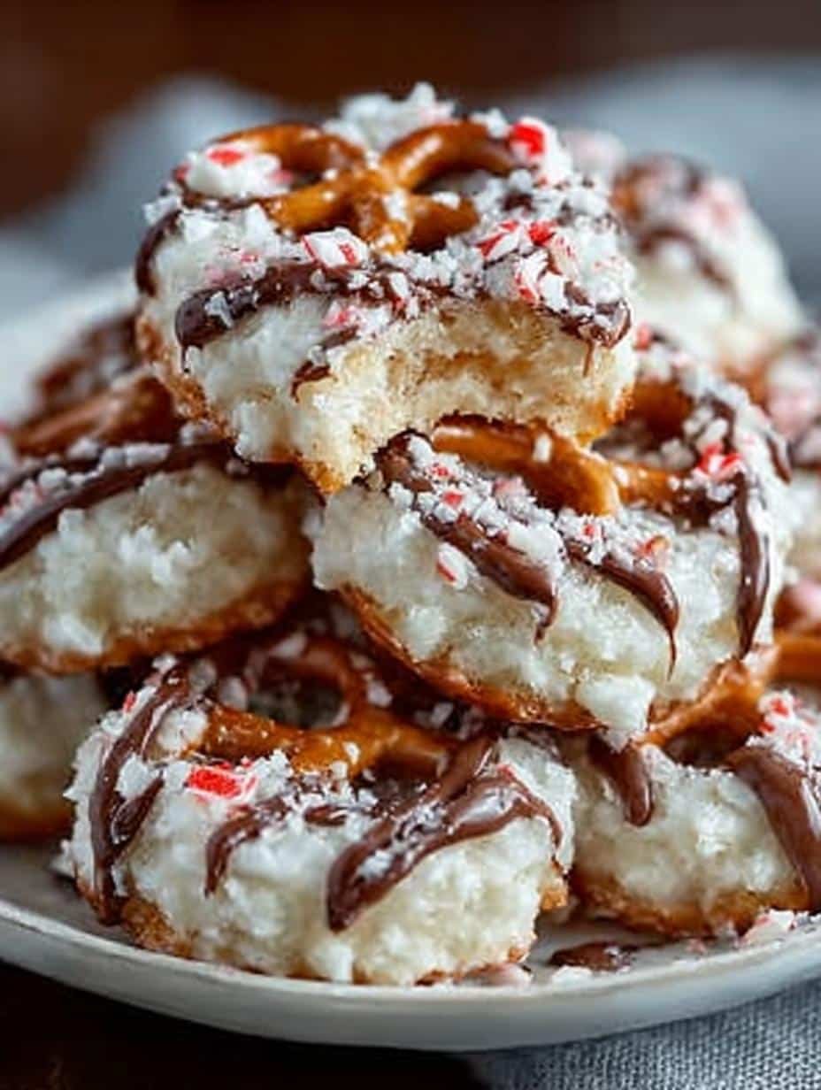 Peppermint Snowball Cookies with Chocolate Dipped Pretzels - Peppermint Snowball Cookies with - main visual representation