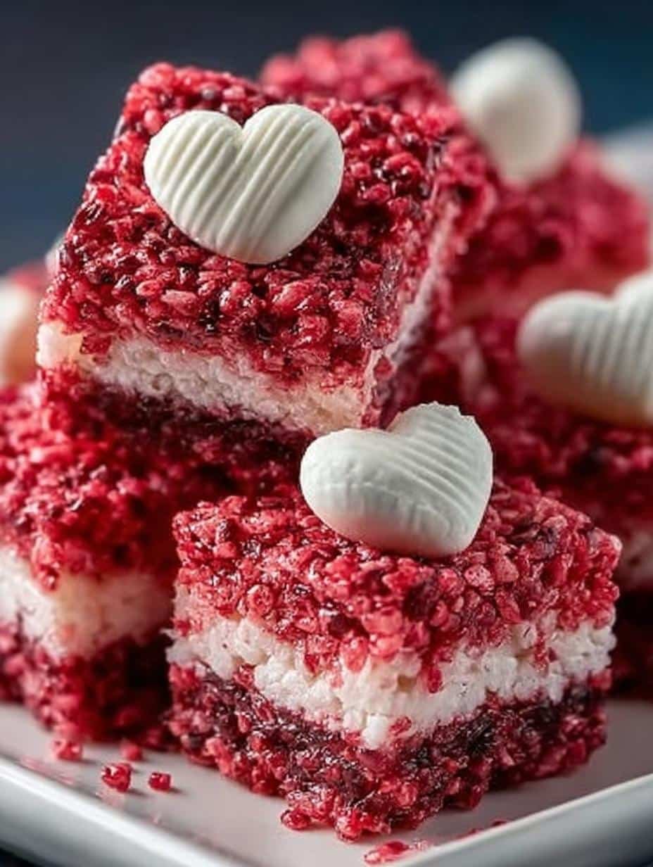Irresistible Red Velvet Rice Crispy treats ready to serve on a decorative platter