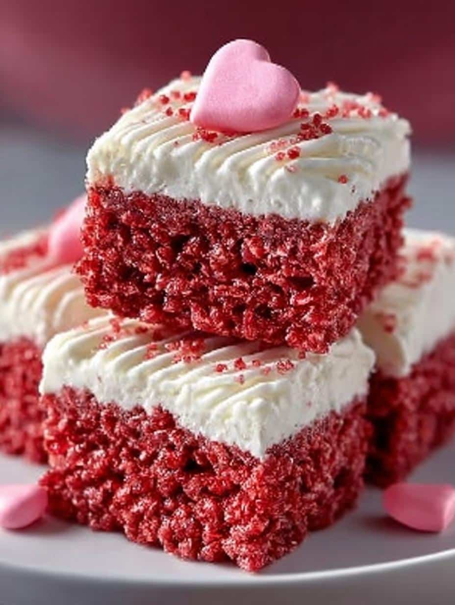 Close-up of Red Velvet Rice Crispy treats with chocolate drizzle