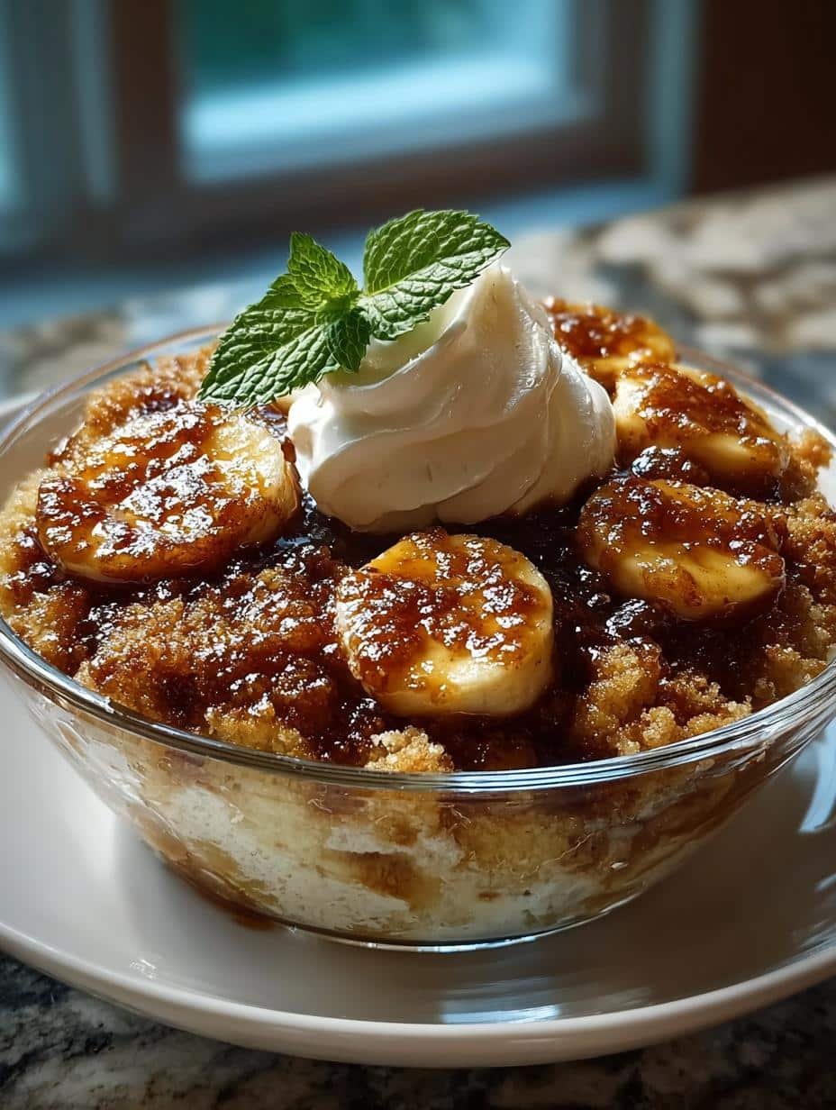 Delicious Bananas Foster Cobbler Dessert served with ice cream