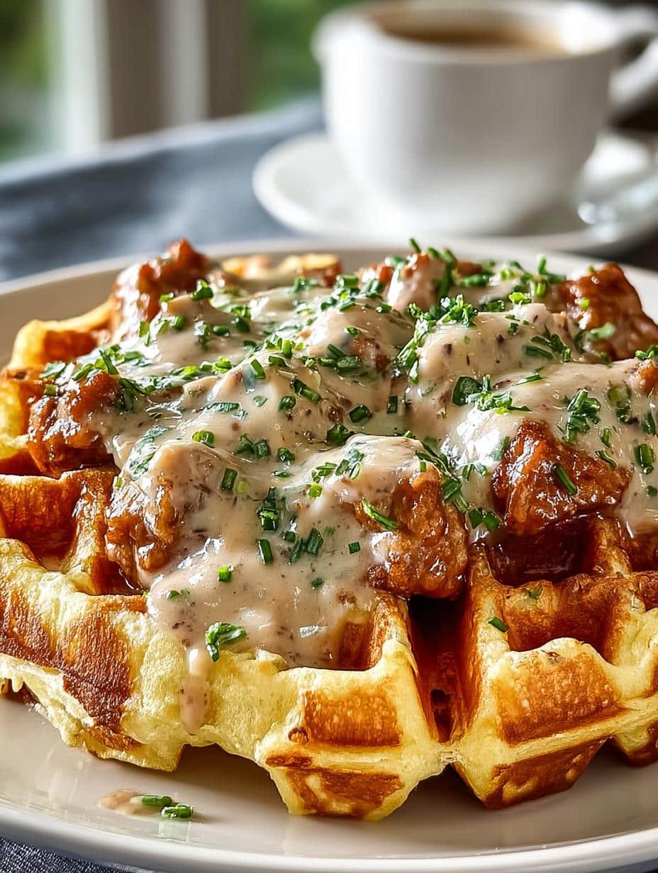 Cheddar Chive Waffles with Sausage Gravy for Cozy Mornings - Cheddar Chive Waffles with - additional detail